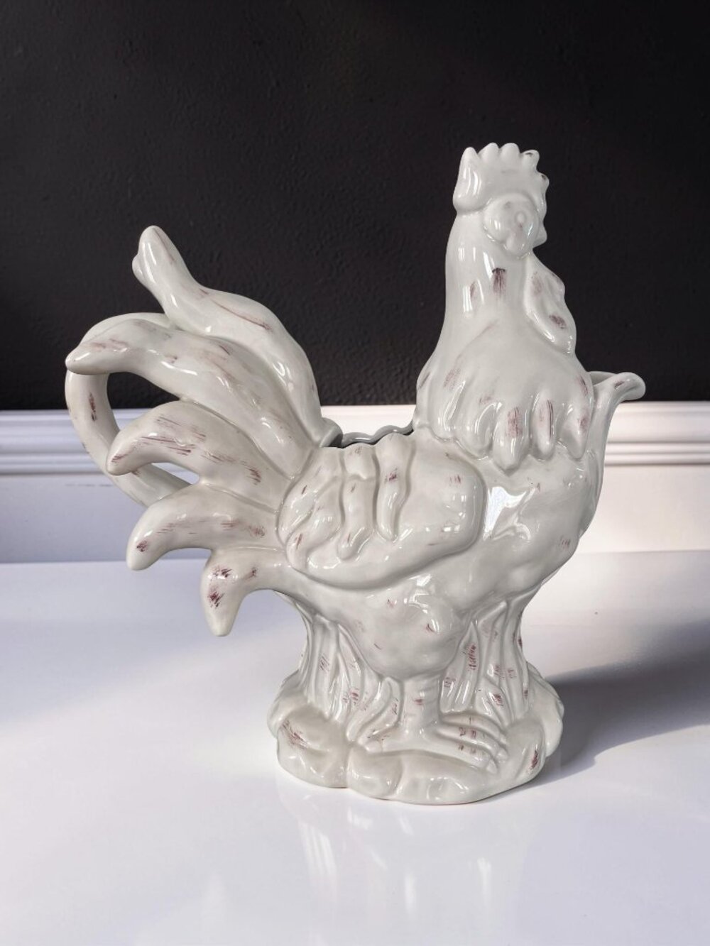 Vintage Glazed Ceramic Rooster Pitcher White w/ Brown Farmhouse Kitchen Decor